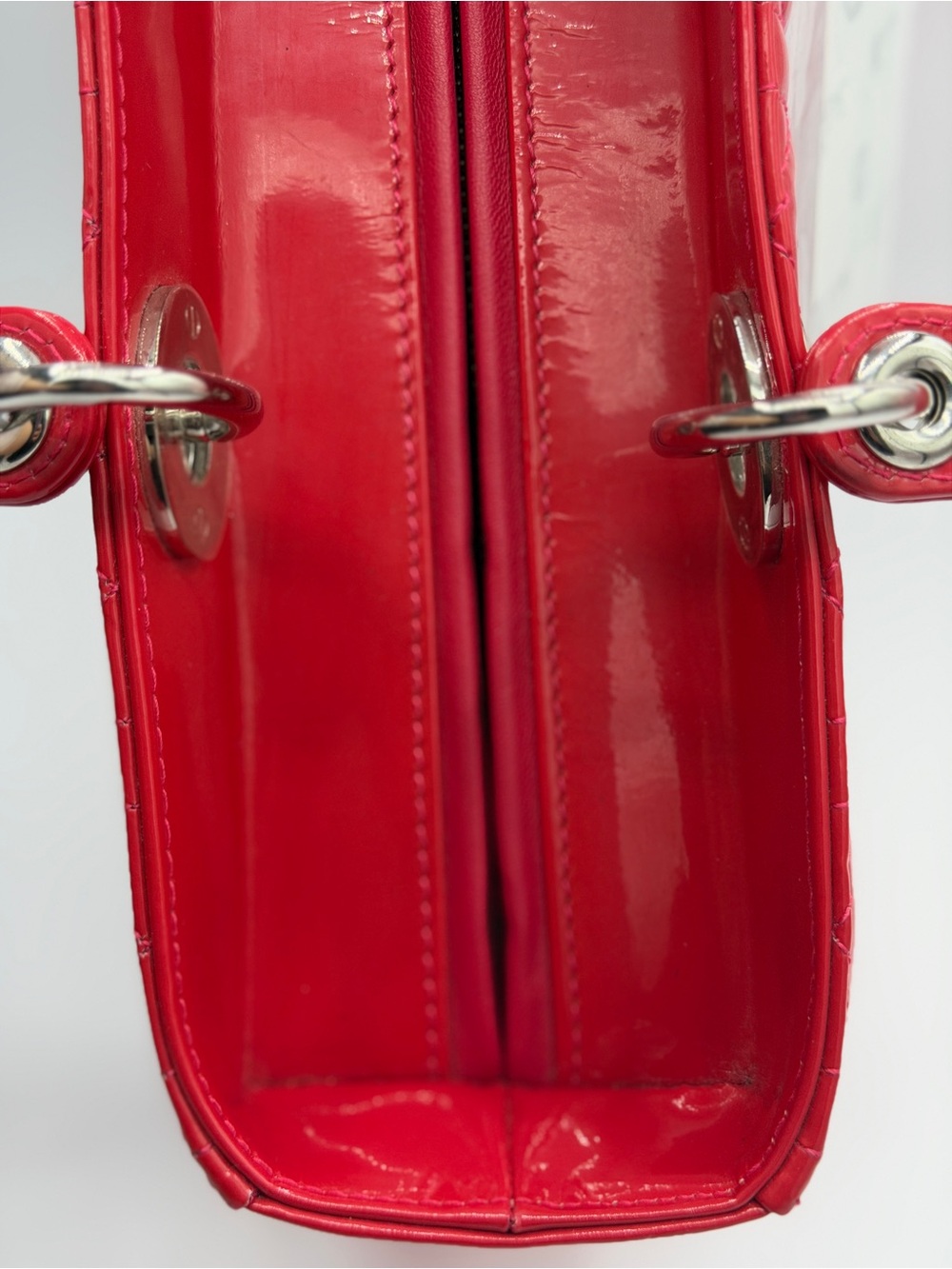 Authentic Christian Dior Large Lady Dior Patent Cannage Pink Red Patent Leather - Picture 8 of 16